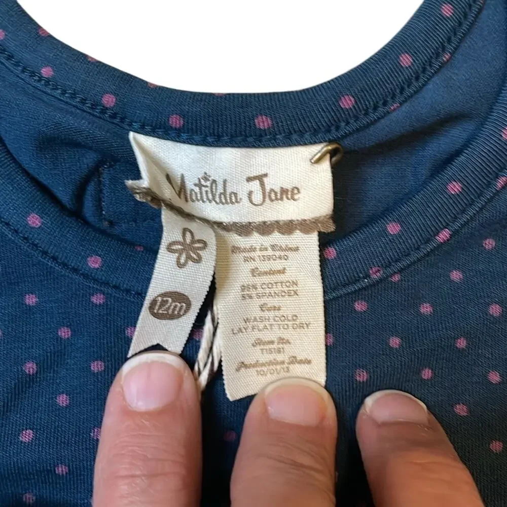 Matilda Jane Baby Girl Lizzy Flutter sleeve Top Ruffles Polka Dots Navy 12 mo